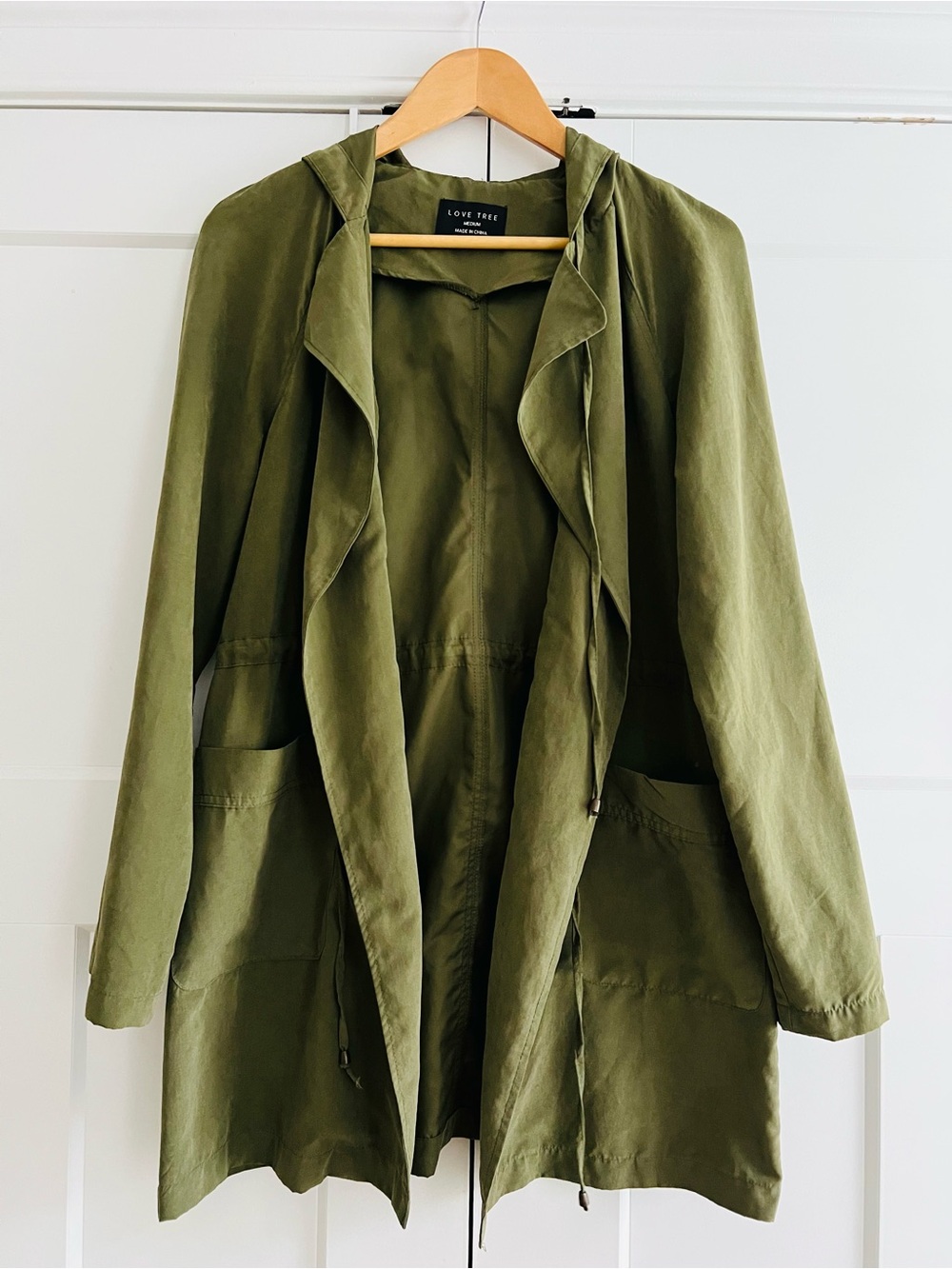 Love Tree Olive Green Hooded Lightweight Parka Jacket Open Front Size M